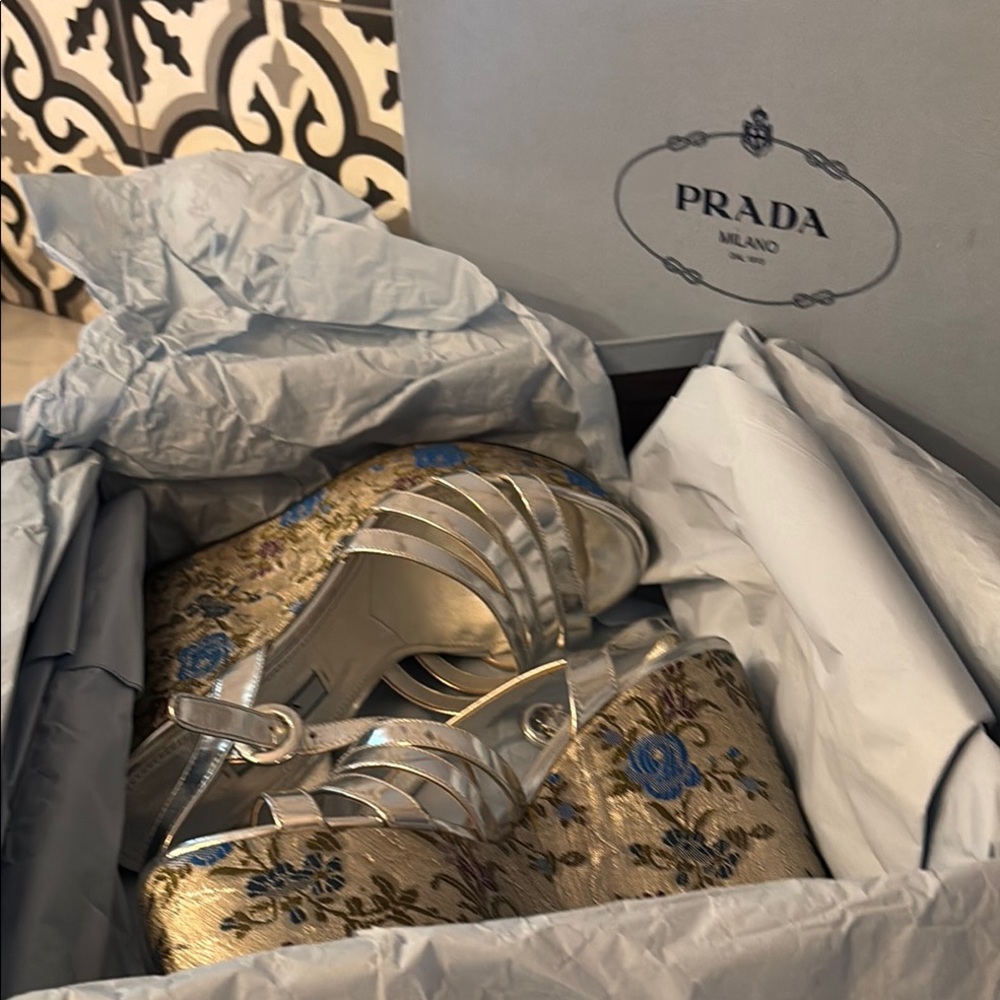 In box like new Prada Metallic Silver Floral platform wedge Heels